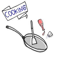 concept of cooking preparation. cooking illustration on white background. saucepan with spatula, ketchup and salt. hand drawn vector. doodle art for logo, cover, poster, book recipe, magazine, clipart