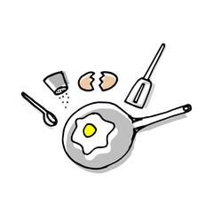 cooking egg illustration on white background. cooking on the saucepan with salt and pepper. hand drawn vector. doodle art for logo, label, cover, banner, poster, book recipe, advertising, magazine. 