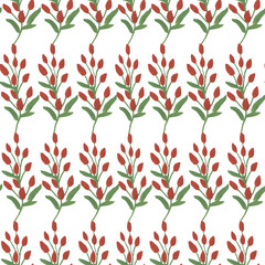 Romantic vintage seamless gouache pattern with flower, leaves in red, green and white color palette. Design for home decoration, fabric, wallpaper, gift wrap, stationery, textile, wrapping, packing 