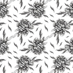 Monochrome black and white seamless pattern outline flowers peony. Design for print, textiles, fabrics, packaking, wallpapers, home decoration, scrapbooking.