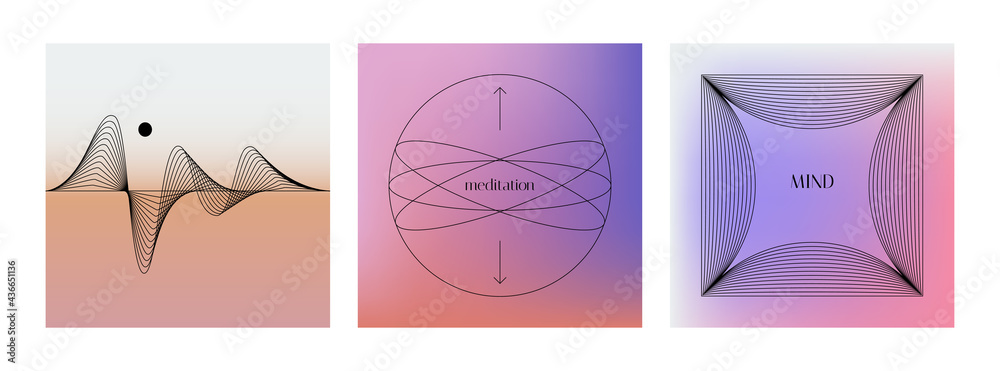 Poster Vector set of linear design elements for logo templates in modern minimalist style with copy space for text and gradient backgrounds