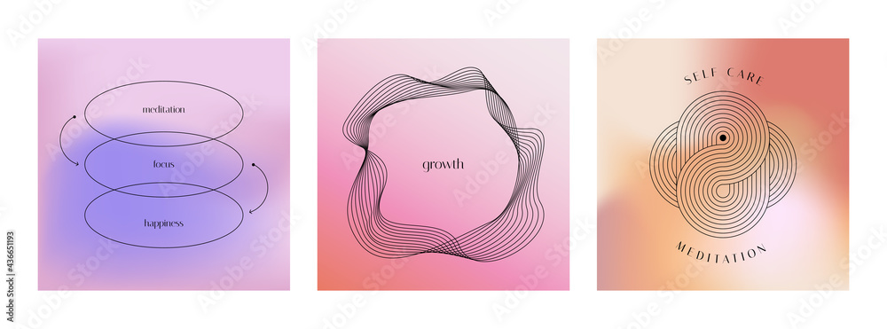 Poster Vector set of linear design elements for logo templates in modern minimalist style with copy space for text and gradient backgrounds