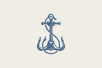 Silhouette traditional anchor emblem of maritime industry hand drawn stamp effect vector illustration.
