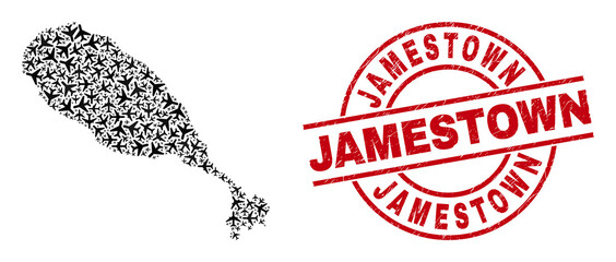 Jamestown rubber seal stamp, and St Kitts Island map mosaic of air plane elements. Mosaic St Kitts Island map designed with jet vehicles. Red watermark with Jamestown text,