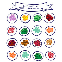 set of side dish on the plate. sliced of vegetables and fruits illustration. hand drawn vector. healthy food. doodle art for wallpaper, cover, sticker, poster, banner, book recipe, clipart, video. 