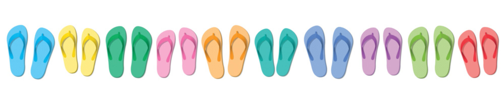 Colorful flip flops, ten colored pairs of rubber sandals, symbolic for group travel, teamwork, funny friends or happy family holiday - isolated vector illustration on white.
