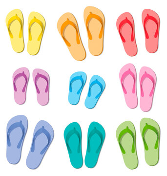 Flip flops set, ten colored pairs of rubber sandals, symbolic for group travel, teamwork, funny friends or happy family holiday. Isolated vector illustration on white.
