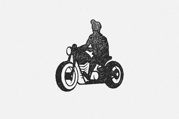 Man rider on chopper motorcycle silhouette hand drawn ink stamp vector illustration.