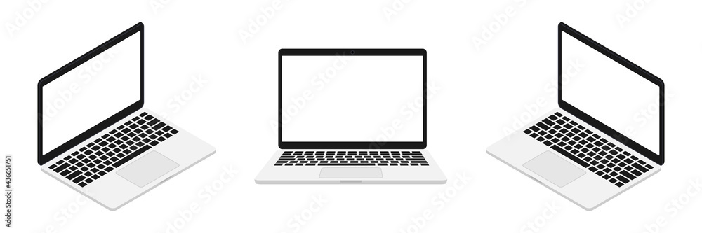 Fototapete laptop with empty white screen set. portable 3d realistic computer device from different sides. mode