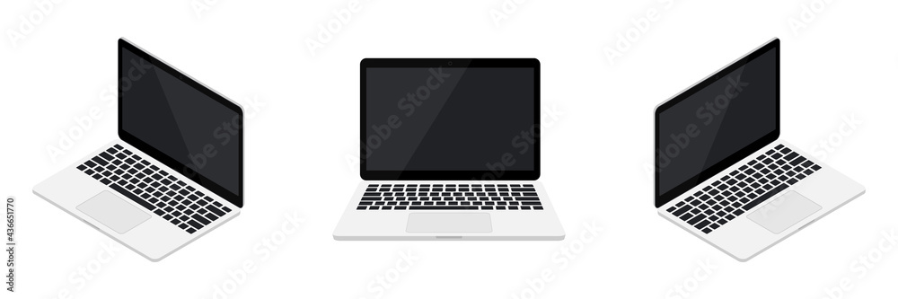 Fototapete laptop with empty white screen set. portable 3d realistic computer device from different sides. mode