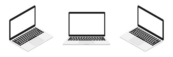 Laptop with empty white screen set. Portable 3d realistic computer device from different sides. Modern digital technology with copy space for presentation. Template notebook group. Vector isolated