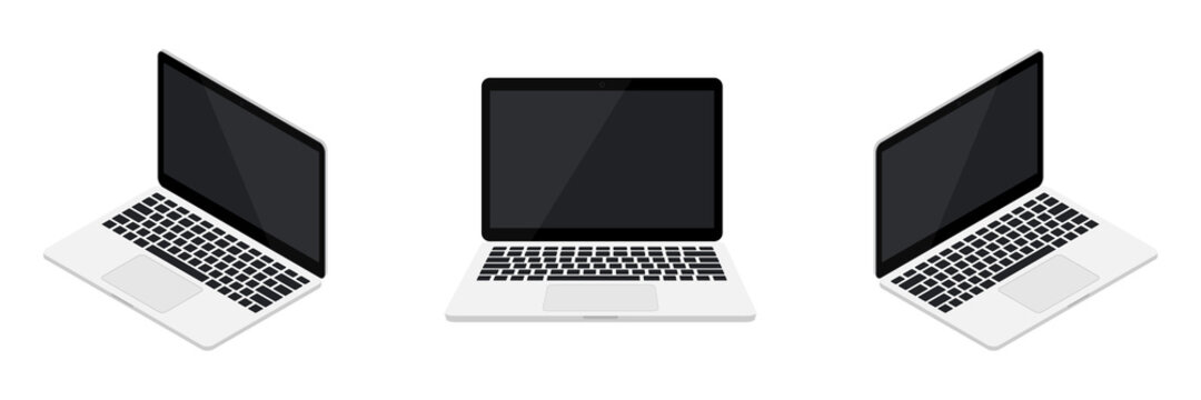 Laptop with empty white screen set. Portable 3d realistic computer device from different sides. Modern digital technology with copy space for presentation. Template notebook group. Vector isolated