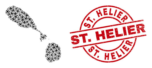 St. Helier rubber seal stamp, and Saint Kitts and Nevis map mosaic of aviation elements. Mosaic Saint Kitts and Nevis map designed with aeroplanes. Red watermark with St. Helier word,