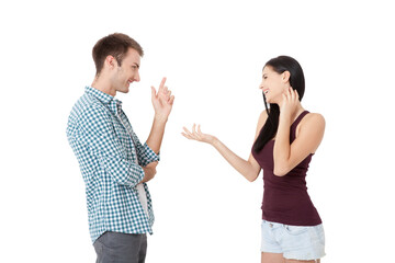 Couple talking arguing on each other isolated on white a background