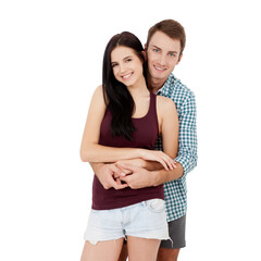 Fototapeta premium Happy couple embracing and looking camera on white background
