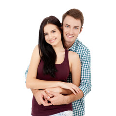 Happy couple embracing and looking camera on white background