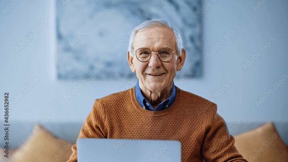 Poster smiling elderly man sitting with laptop at home.