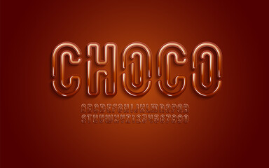 Original Font in the 3d style, chocolad alphabet, bold letters and numbers made in choco style, vector illustration 10eps