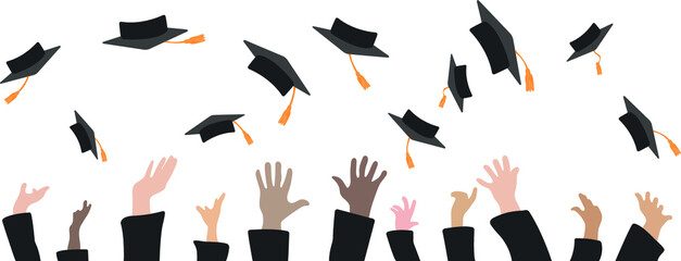 Hands throw up hats. Graduation 2021. Vector illustration