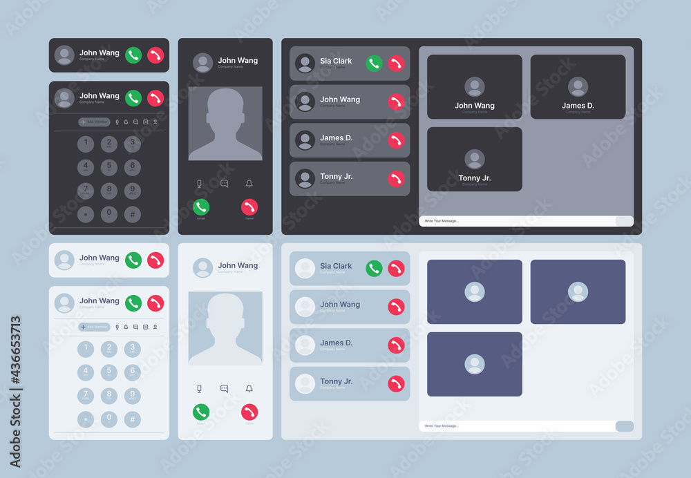 Poster Call screen display. Ui interface kit with video decline phone web dialogue frames and icons voicemail windows communication templates garish vector icons set
