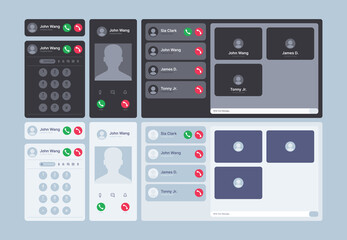 Call screen display. Ui interface kit with video decline phone web dialogue frames and icons voicemail windows communication templates garish vector icons set - obrazy, fototapety, plakaty