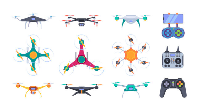 Air helicopters. Delivery drones with camera aerial outdoor photography smart aircraft systems garish vector flat pictures set