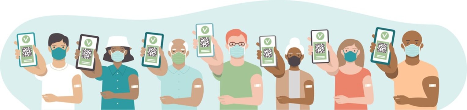 Various Vaccinated people with digital health passports. Young and aged men and women showing an app on their mobile phones. Multiracial group. Green immunity certificate concept