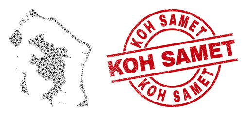 Koh Samet grunge seal, and Bora-Bora map mosaic of air plane items. Mosaic Bora-Bora map created with aeroplanes. Red badge with Koh Samet text, and grunge rubber texture. - obrazy, fototapety, plakaty
