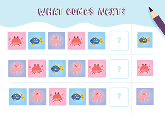 What comes next with cute marine mammals. Cartoon vector illustration. Logical worksheet for kids with sea animals.

