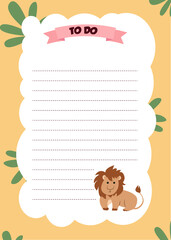 Cute planner template. Weekly, monthly and yearly planner. To do list, goal planner with cartoon lion character. Vector illustration