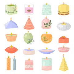 Spa candles. Aroma decoration items for relax room beeswax light colored candles recent vector flat pictures set