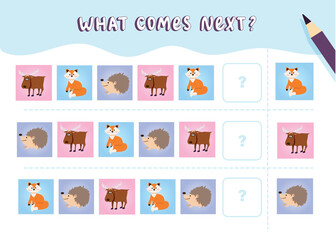What comes next with cute forest animals. Cartoon vector illustration. Logical worksheet for kids with elk,fox,hedgehog
