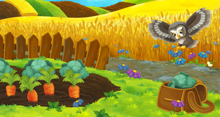 cartoon scene farm ranch fields flying owl illustration