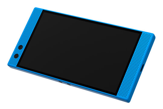 Front view of blue smartphone with empty screen, concept of mobile gaming