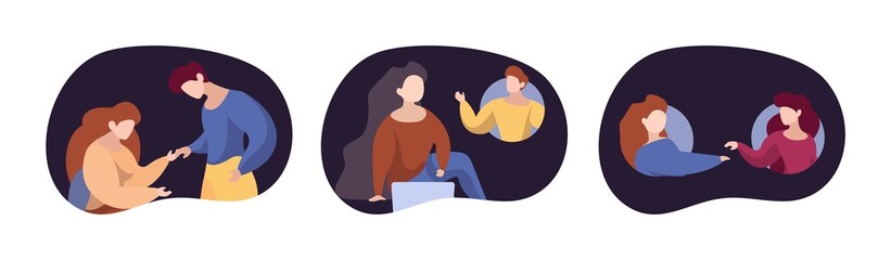 Supporting concept. People support each other. Online and reality helping, persons together vector illustration