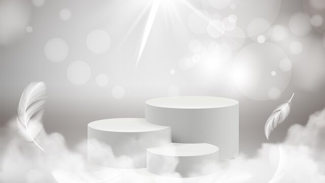 Podium background. Grey realistic stand, clouds and shine elements. Winner pedestal vector illustration