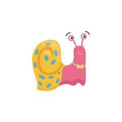 Pink cartoon snail with yellow shell and bowtie smiling