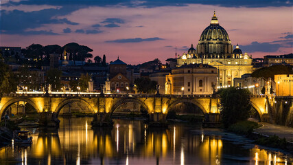 Naklejka na ściany i meble Vatican at night, illuminated bridge