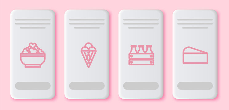 Set line Cottage cheese, Ice cream in waffle cone, Bottled milk wooden box and Cheese. White rectangle button. Vector