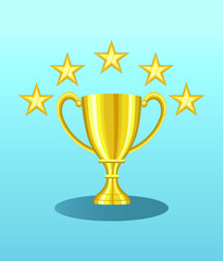 Golden trophy with 5 five gold stars icon vector illustration.
