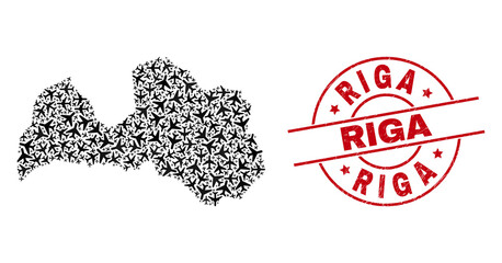 Riga grunged badge, and Latvia map collage of aircraft elements. Collage Latvia map created with air force symbols. Red badge with Riga word, and unclean rubber texture. Template for shipping posters.