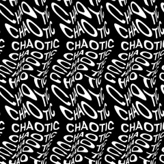 CHAOTIC word warped, distorted, repeated, and arranged into seamless pattern background. High quality illustration. Modern wavy text composition for background or surface print. Typography.