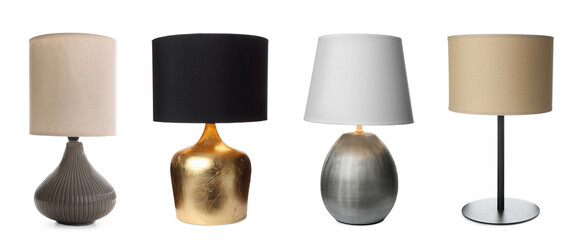 Collage with different stylish night lamps on white background. Banner design