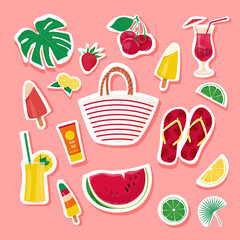 Summer set Ice cream, cherry, strawberry, watermelon, cocktail. Beach bag, slippers. İsolated on pink background Vector illustration