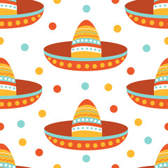 Seamless pattern with Mexican sombrero hat on a white background. Festive design and fiesta. Decoration with ethnic ornament. Vector illustration for fabric, texture, wallpaper, posters, postcards.