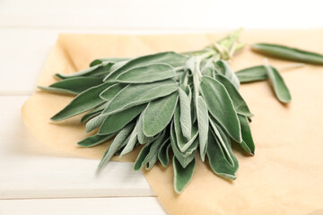 Bunch of fresh green sage with parchment on white wooden table, closeup