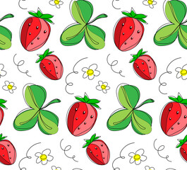 Strawberry seamless pattern. Berries, leaves, strawberry flowers. On a transparent background. Vector