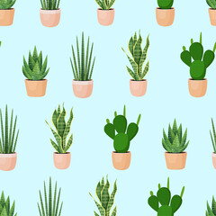Seamless pattern with plants in pots on a blue background. Vector illustration for fabrics, textures, wallpapers, posters, postcards.