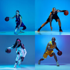 Collage of male and female basketball players, fit people in action and motion isolated on blue...