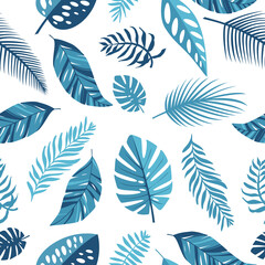 Tropical blue leaves. Exotic seamless pattern.